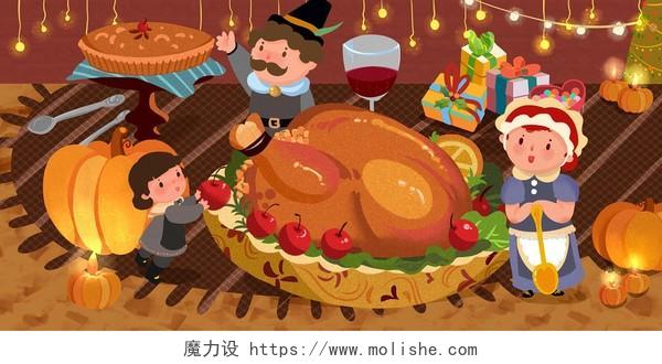 节日可爱吃火鸡感恩节海报背景素材
